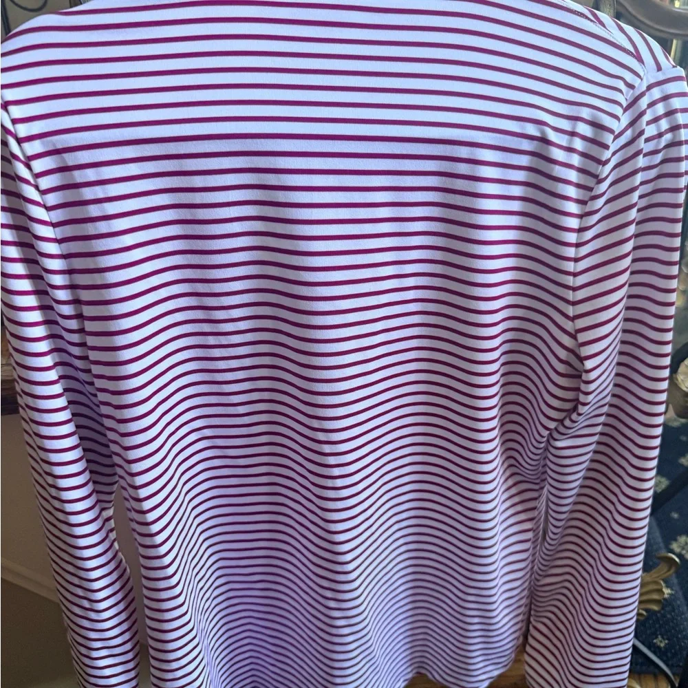 Chico’s Zenery Stretch material 3/4 zip long sleeve top. Size 0 EUC pink /White - Picture 7 of 11